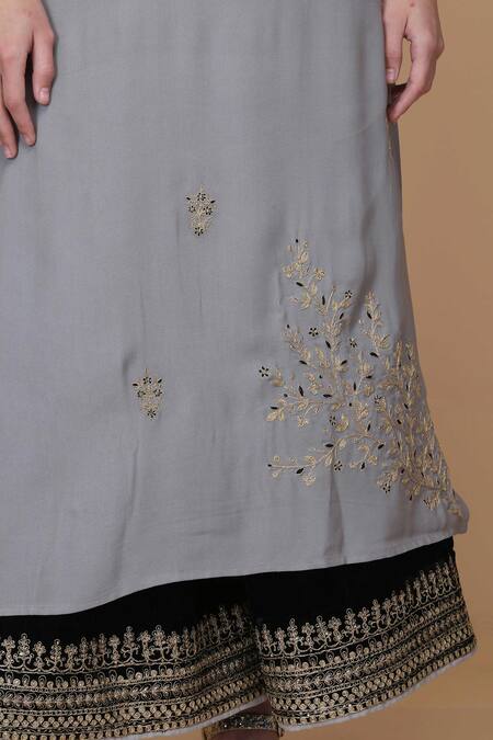 Anju & Harleen Grey Crepe, Organza, Velvet Embroidery, Sequins, Floral Vine Kurta Sharara Set Online at Aza Fashions Anju & Harleen_Grey Crepe, Organza, Velvet Embroidery, Sequins, Floral Vine Kurta Sharara Set _Online_at_Aza_Fashions