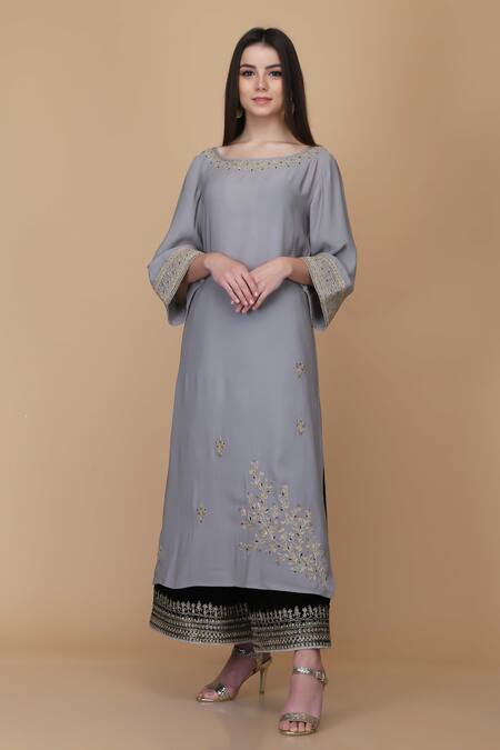 Buy Anju & Harleen Grey Crepe, Organza, Velvet Embroidery, Sequins, Floral Vine Kurta Sharara Set Online at Aza Fashions Buy_Anju & Harleen_Grey Crepe, Organza, Velvet Embroidery, Sequins, Floral Vine Kurta Sharara Set _Online_at_Aza_Fashions