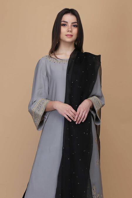 Shop Anju & Harleen Grey Crepe, Organza, Velvet Embroidery, Sequins, Floral Vine Kurta Sharara Set Online at Aza Fashions Shop_Anju & Harleen_Grey Crepe, Organza, Velvet Embroidery, Sequins, Floral Vine Kurta Sharara Set _Online_at_Aza_Fashions