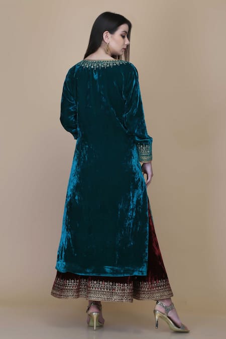Shop Anju & Harleen Emerald Green Silk, Velvet, Linen Embroidery, Sequins, Border Kurta Sharara Set at Aza Fashions Shop_Anju & Harleen_Emerald Green Silk, Velvet, Linen Embroidery, Sequins, Border Kurta Sharara Set _at_Aza_Fashions