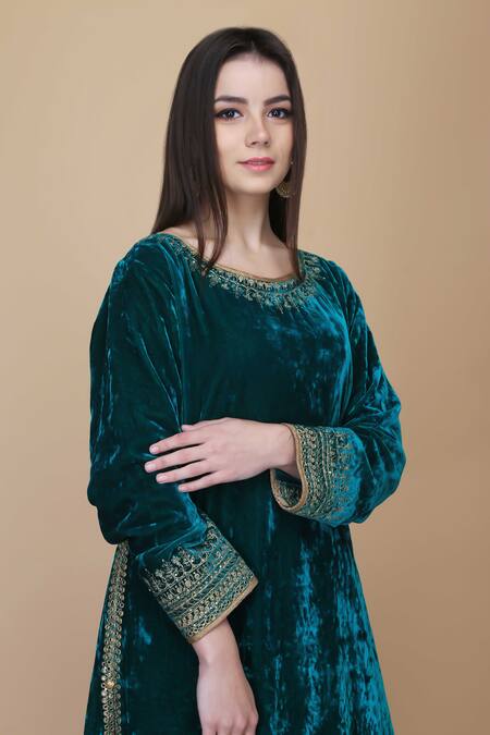 Anju & Harleen Emerald Green Silk, Velvet, Linen Embroidery, Sequins, Border Kurta Sharara Set Online at Aza Fashions Anju & Harleen_Emerald Green Silk, Velvet, Linen Embroidery, Sequins, Border Kurta Sharara Set _Online_at_Aza_Fashions