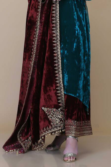 Shop Anju & Harleen Emerald Green Silk, Velvet, Linen Embroidery, Sequins, Border Kurta Sharara Set Online at Aza Fashions Shop_Anju & Harleen_Emerald Green Silk, Velvet, Linen Embroidery, Sequins, Border Kurta Sharara Set _Online_at_Aza_Fashions