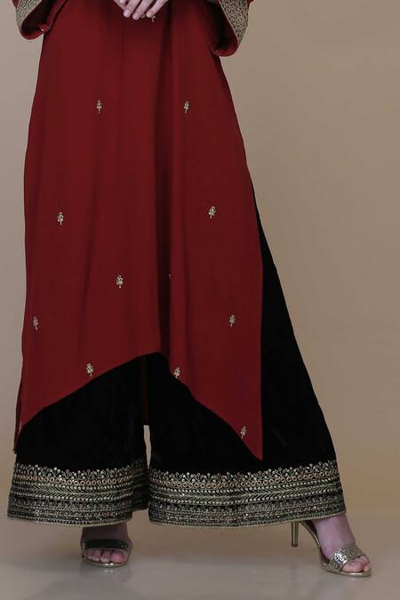 Buy_Anju & Harleen_Red Crepe, Velvet, Organza Embroidery, Zari Butti Asymmetric Kurta Sharara Set _Online_at_Aza_Fashions