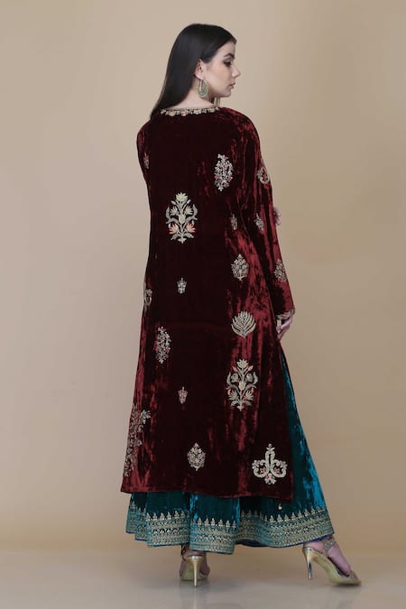 Anju & Harleen Zari Blossom Embroidered Asymmetric Kurta Sharara Set 