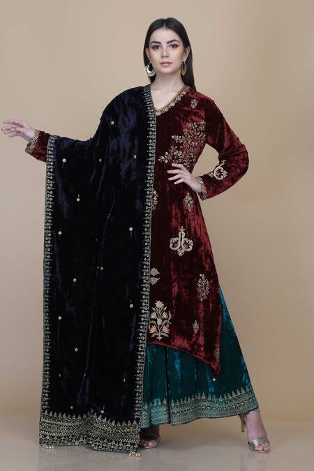 Anju & Harleen_Wine Silk, Velvet Embroidery, Sequins, Blossom Asymmetric Kurta Sharara Set _Online_at_Aza_Fashions