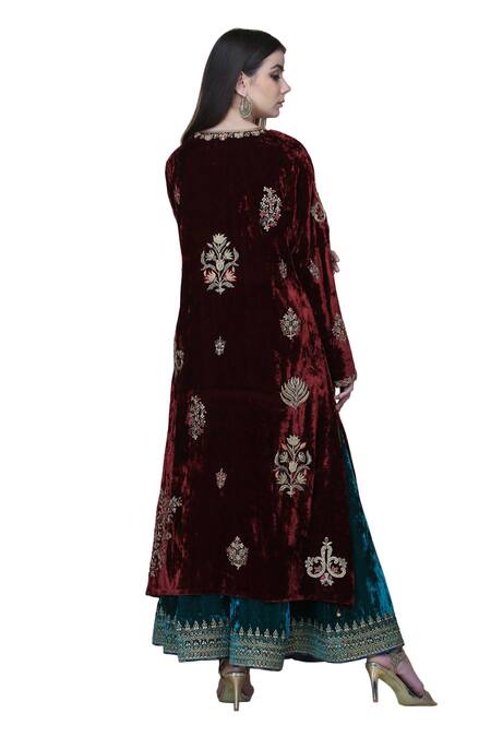 Buy_Anju & Harleen_Wine Silk, Velvet Embroidery, Sequins, Blossom Asymmetric Kurta Sharara Set _Online_at_Aza_Fashions