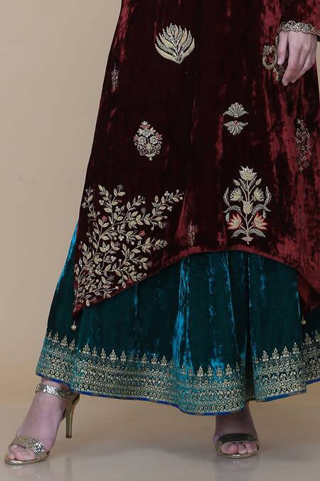 Shop_Anju & Harleen_Wine Silk, Velvet Embroidery, Sequins, Blossom Asymmetric Kurta Sharara Set _Online_at_Aza_Fashions