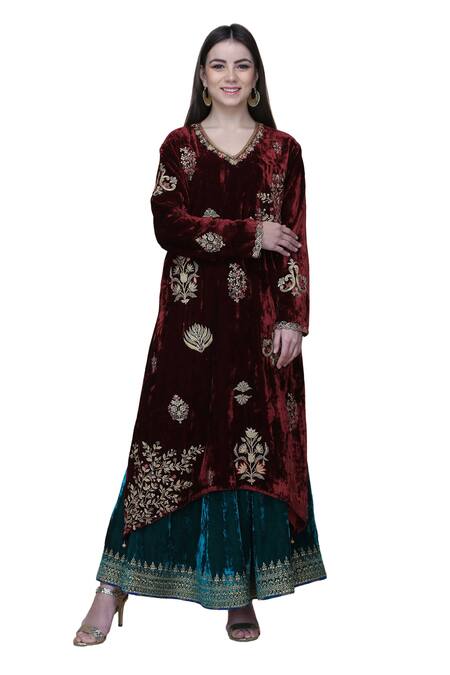 Anju & Harleen_Wine Silk, Velvet Embroidery, Sequins, Blossom Asymmetric Kurta Sharara Set _at_Aza_Fashions