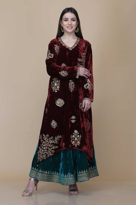 Buy_Anju & Harleen_Wine Silk, Velvet Embroidery, Sequins, Blossom Asymmetric Kurta Sharara Set 