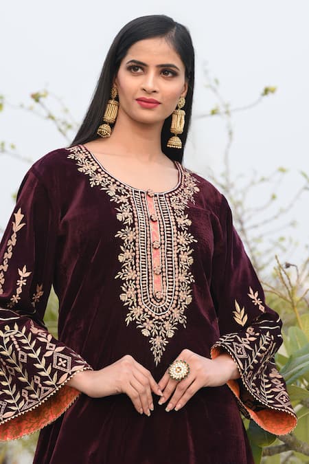 Anju & Harleen Velvet Zari Embroidered Kurta With Palazzo 