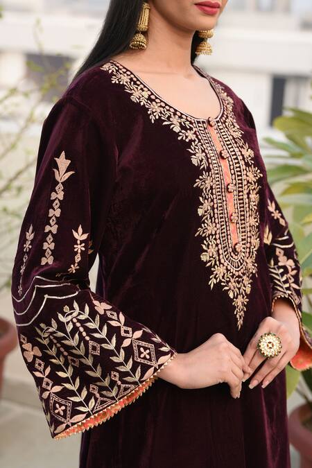 Anju & Harleen_Wine Velvet, Linen, Cotton Embroidery Round Neck Zari Kurta With Palazzo _Online_at_Aza_Fashions