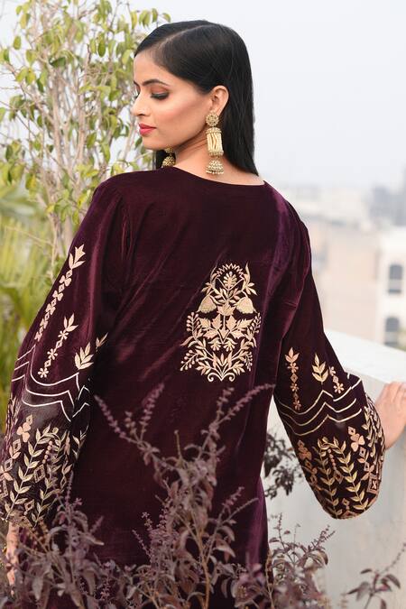 Shop_Anju & Harleen_Wine Velvet, Linen, Cotton Embroidery Round Neck Zari Kurta With Palazzo _Online_at_Aza_Fashions