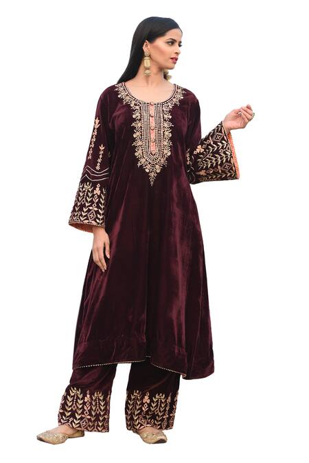 Anju & Harleen_Wine Velvet, Linen, Cotton Embroidery Round Neck Zari Kurta With Palazzo _at_Aza_Fashions