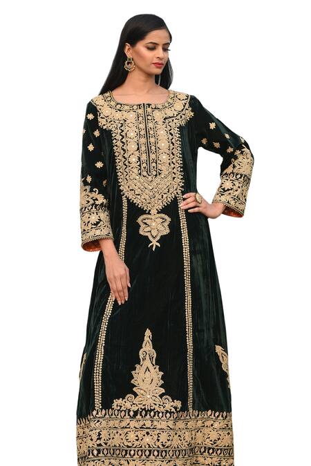 Buy_Anju & Harleen_Emerald Green Velvet, Linen Zari, Applique Embroidered Flared Kurta And Pant Set 