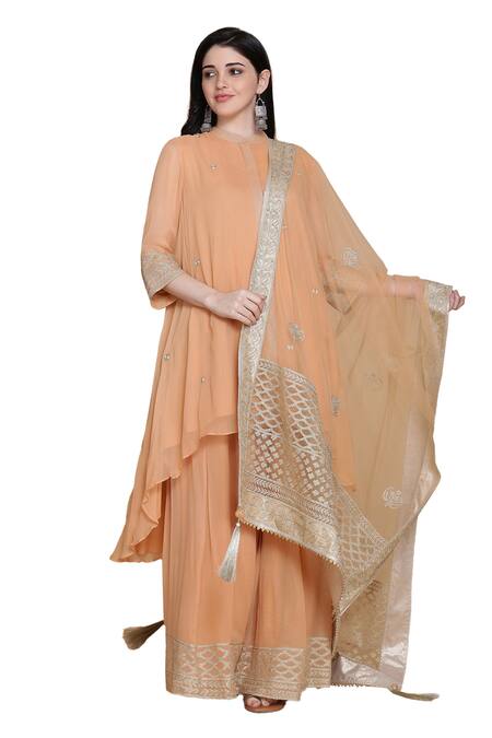 Shop_Anju & Harleen_Peach Georgette, Linen Embroidery, Zari Round Neck Flared Kurta Sharara Set _Online_at_Aza_Fashions