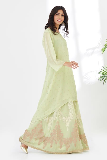 Anju & Harleen_Green Georgette, Net, Cotton Embroidery, Zari Round Asymmetric Kurta Sharara Set _Online_at_Aza_Fashions