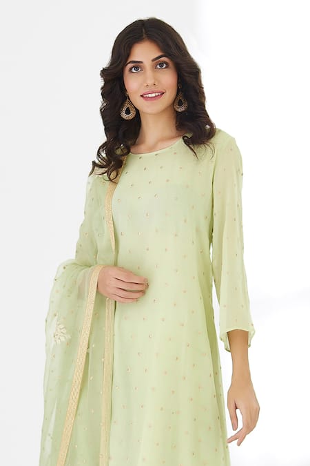 Buy_Anju & Harleen_Green Georgette, Net, Cotton Embroidery, Zari Round Asymmetric Kurta Sharara Set _Online_at_Aza_Fashions