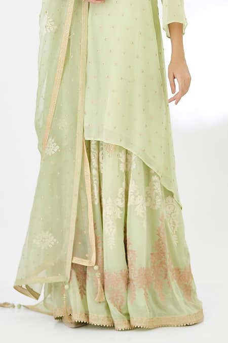 Shop_Anju & Harleen_Green Georgette, Net, Cotton Embroidery, Zari Round Asymmetric Kurta Sharara Set _Online_at_Aza_Fashions