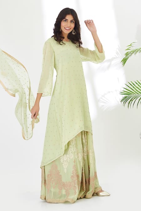 Anju & Harleen_Green Georgette, Net, Cotton Embroidery, Zari Round Asymmetric Kurta Sharara Set _at_Aza_Fashions