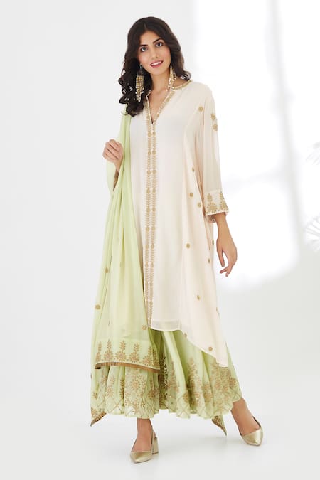 Anju & Harleen Zari Embroidered Asymmetric Kurta Sharara Set 