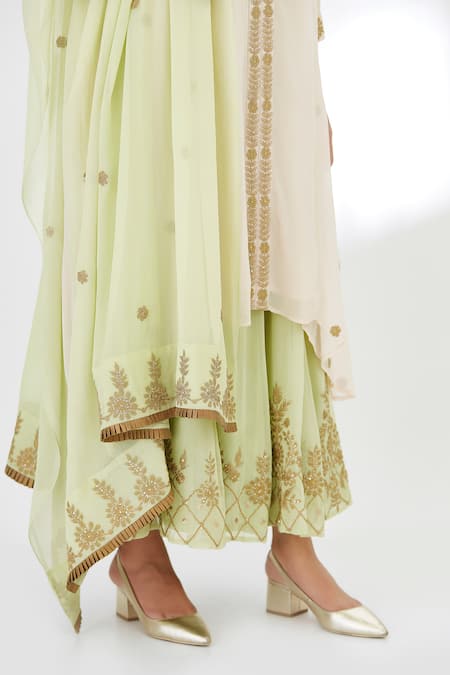 Anju & Harleen_Pink Georgette, Linen Diamonds, Zari, Embroidery Asymmetric Kurta Sharara Set _Online_at_Aza_Fashions