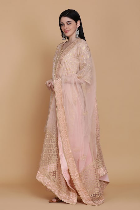 Anju & Harleen_Peach Georgette, Organza, Cotton Embroidery, Zari Split V-neck Kurta Sharara Set _Online_at_Aza_Fashions