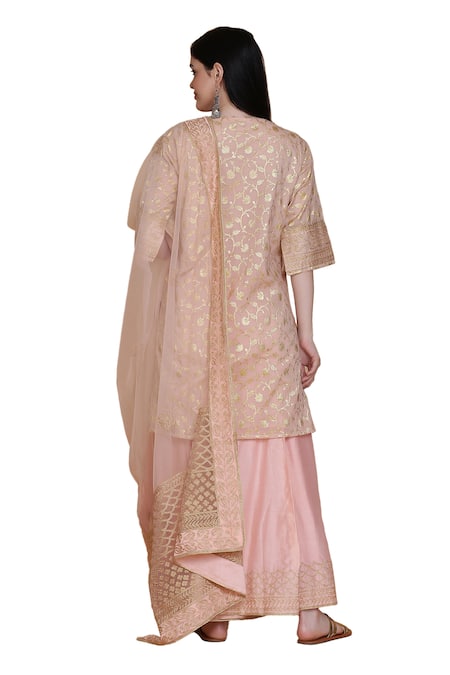 Buy_Anju & Harleen_Peach Georgette, Organza, Cotton Embroidery, Zari Split V-neck Kurta Sharara Set _Online_at_Aza_Fashions
