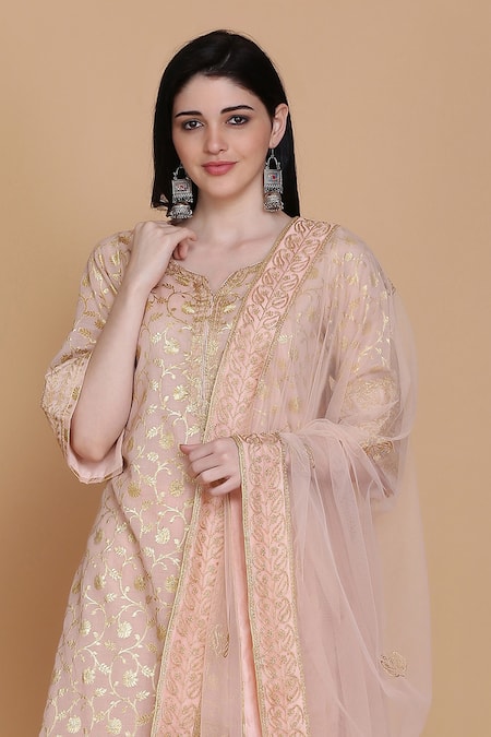 Shop_Anju & Harleen_Peach Georgette, Organza, Cotton Embroidery, Zari Split V-neck Kurta Sharara Set _Online_at_Aza_Fashions