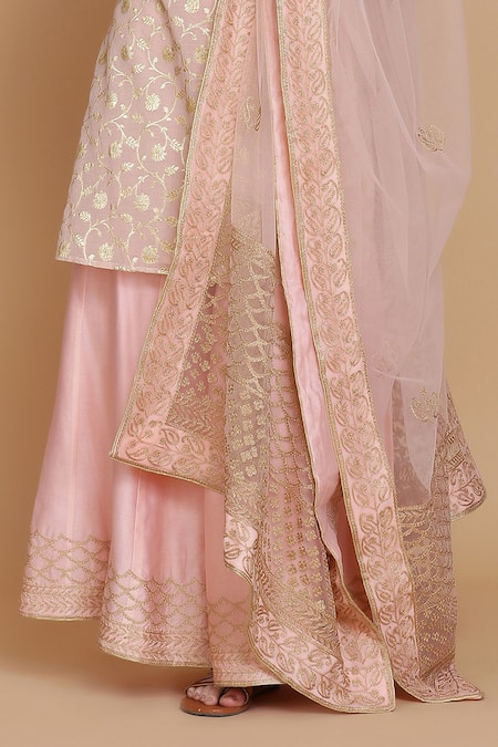 Anju & Harleen_Peach Georgette, Organza, Cotton Embroidery, Zari Split V-neck Kurta Sharara Set _at_Aza_Fashions