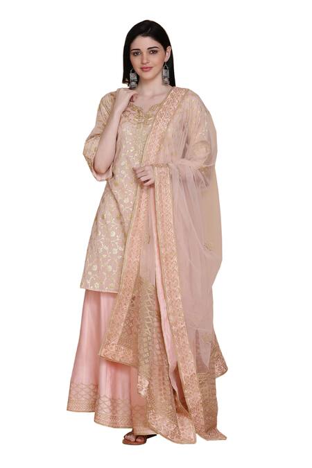 Buy_Anju & Harleen_Peach Georgette, Organza, Cotton Embroidery, Zari Split V-neck Kurta Sharara Set 