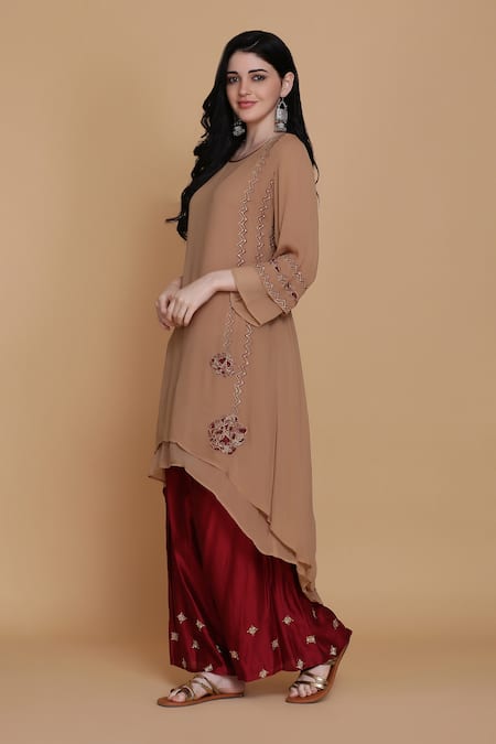 Anju & Harleen Brown Georgette Embroidered Zari Round Double-layered Kurta And Sharara Set 