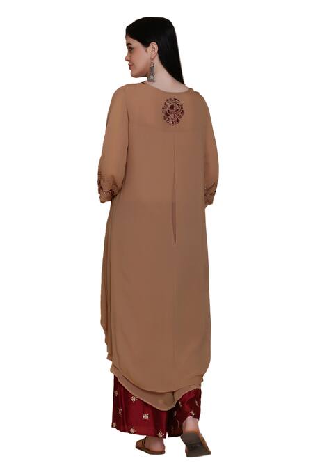 Anju & Harleen_Brown Georgette Beads, Zari, Embroidery Round Double-layered Kurta And Sharara Set _Online_at_Aza_Fashions