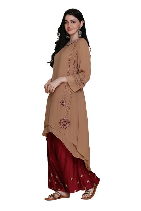 Buy_Anju & Harleen_Brown Georgette Beads, Zari, Embroidery Round Double-layered Kurta And Sharara Set _Online_at_Aza_Fashions
