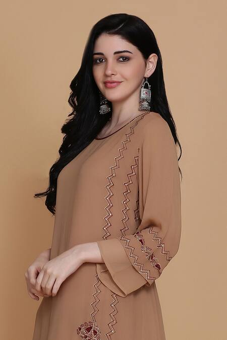 Shop_Anju & Harleen_Brown Georgette Beads, Zari, Embroidery Round Double-layered Kurta And Sharara Set _Online_at_Aza_Fashions