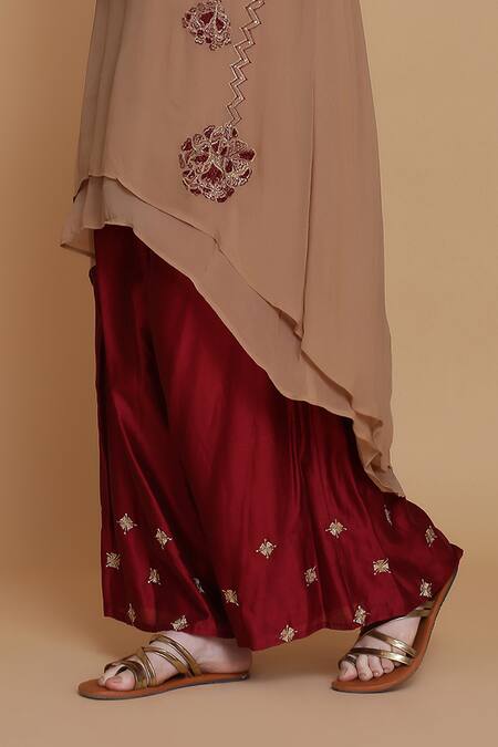 Anju & Harleen_Brown Georgette Beads, Zari, Embroidery Round Double-layered Kurta And Sharara Set _at_Aza_Fashions