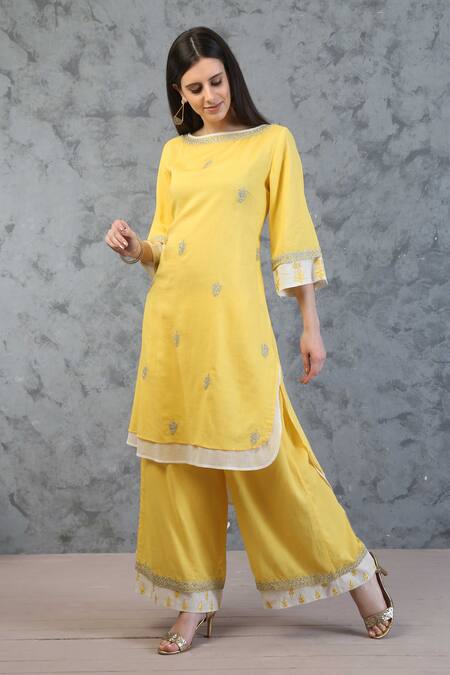 Anju & Harleen_Yellow Cotton, Linen Embroidery, Sequins, Zari Round Neck Kurta Pant Set _Online_at_Aza_Fashions