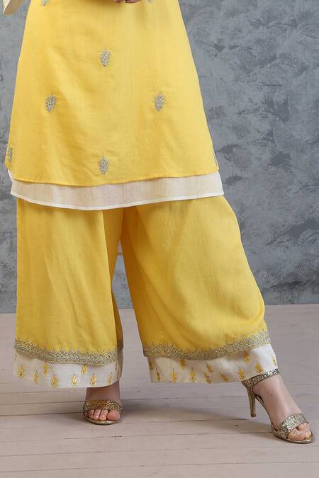 Buy_Anju & Harleen_Yellow Cotton, Linen Embroidery, Sequins, Zari Round Neck Kurta Pant Set _Online_at_Aza_Fashions
