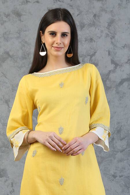 Shop_Anju & Harleen_Yellow Cotton, Linen Embroidery, Sequins, Zari Round Neck Kurta Pant Set _Online_at_Aza_Fashions