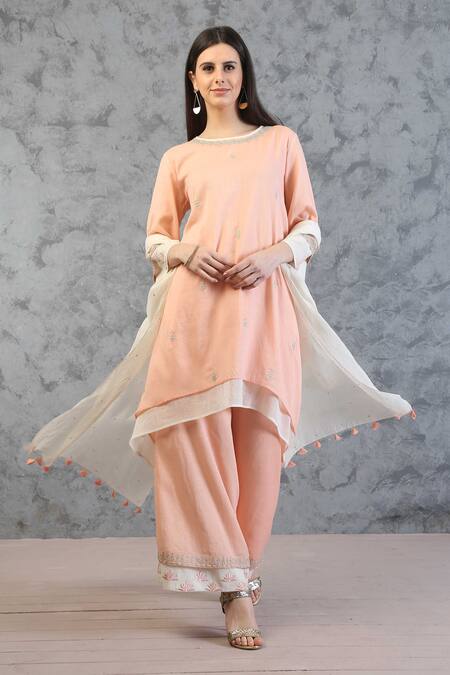 Buy_Anju & Harleen_Peach Cotton Embroidery, Sequins Round Neck Resham Kurta Pant Set _Online_at_Aza_Fashions