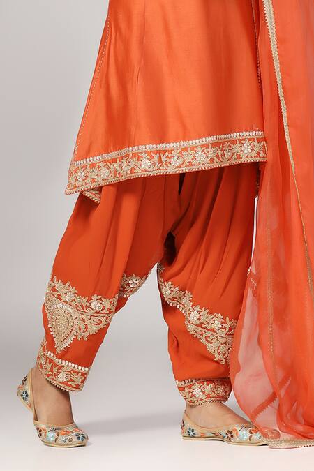 Anju & Harleen_Orange Silk, Chanderi, Organza Embroidery, Zari, Applique Round Kurta Salwar Set _Online_at_Aza_Fashions