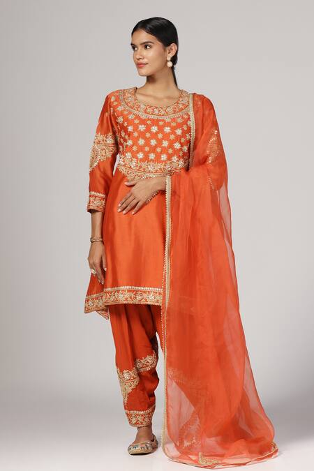 Buy_Anju & Harleen_Orange Silk, Chanderi, Organza Embroidery, Zari, Applique Round Kurta Salwar Set _Online_at_Aza_Fashions