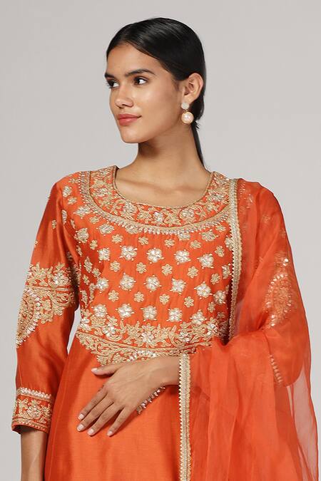 Shop_Anju & Harleen_Orange Silk, Chanderi, Organza Embroidery, Zari, Applique Round Kurta Salwar Set _Online_at_Aza_Fashions