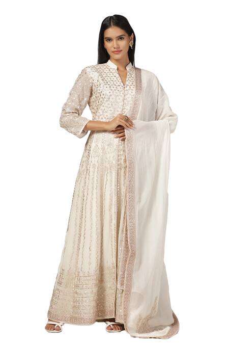 Buy_Anju & Harleen_White Silk, Chanderi, Organza Gota Patti Embroidered Anarkali With Dupatta _Online_at_Aza_Fashions