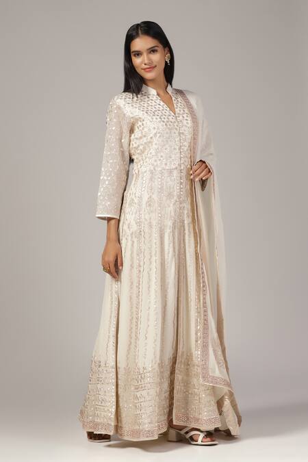Anju & Harleen_White Silk, Chanderi, Organza Gota Patti Embroidered Anarkali With Dupatta _at_Aza_Fashions