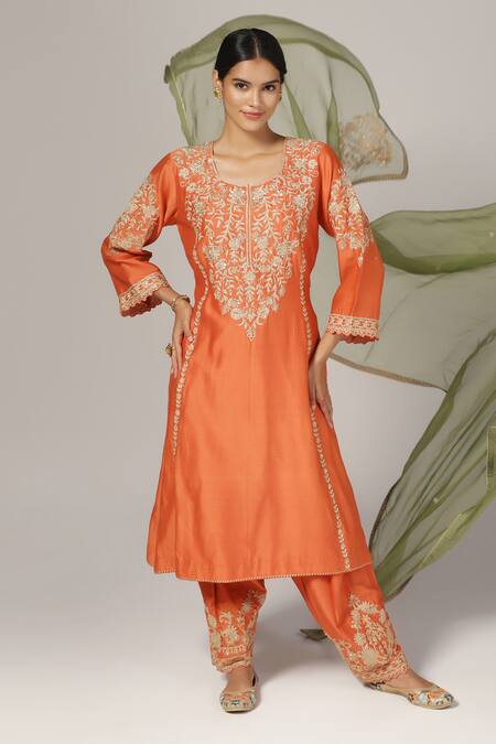 Anju & Harleen_Orange Silk, Chanderi, Organza Embroidery, Zari, Sequins Round Kurta Salwar Set _Online_at_Aza_Fashions