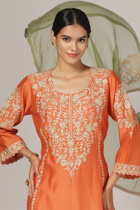 Buy_Anju & Harleen_Orange Silk, Chanderi, Organza Embroidery, Zari, Sequins Round Kurta Salwar Set _Online_at_Aza_Fashions