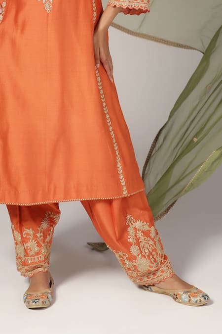 Shop_Anju & Harleen_Orange Silk, Chanderi, Organza Embroidery, Zari, Sequins Round Kurta Salwar Set _Online_at_Aza_Fashions