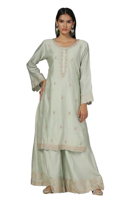 Anju & Harleen_Green Silk, Chanderi, Organza Embroidery, Zari Round Neck Kurta Flared Pant Set _Online_at_Aza_Fashions