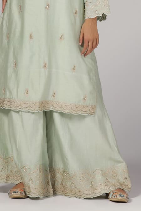 Buy_Anju & Harleen_Green Silk, Chanderi, Organza Embroidery, Zari Round Neck Kurta Flared Pant Set _Online_at_Aza_Fashions