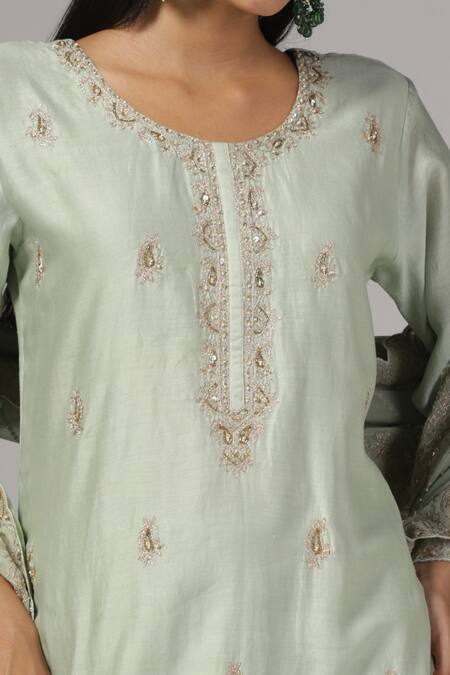 Shop_Anju & Harleen_Green Silk, Chanderi, Organza Embroidery, Zari Round Neck Kurta Flared Pant Set _Online_at_Aza_Fashions